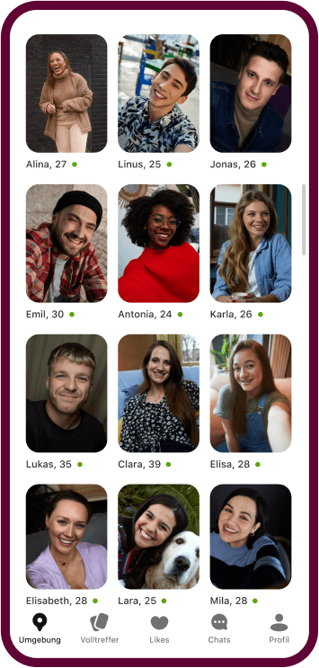 Die Badoo-App zeigt ein Raster mit verschiedenen Frauenprofilen.